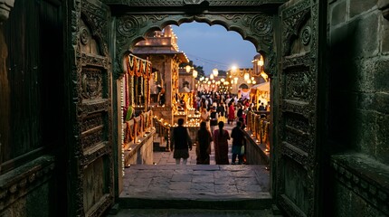 Fototapeta premium View through ornate archway reveals vibrant street scene in rajasthan india