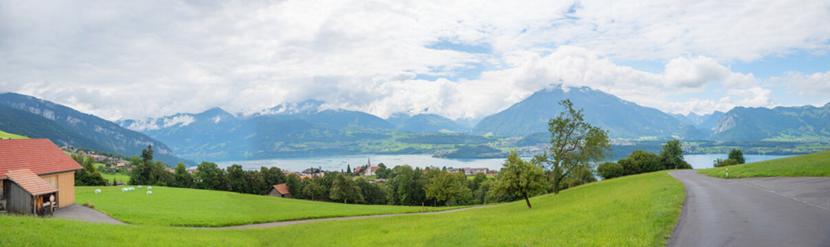 panoramic landscape Sigriswil, above lake Thunersee, with mountain view. swiss destination