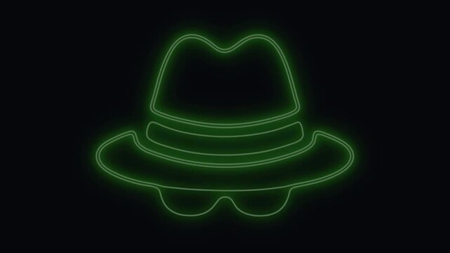Incognito hat and glasses icon outlined in neon green light against a dark background, representing privacy and secrecy.