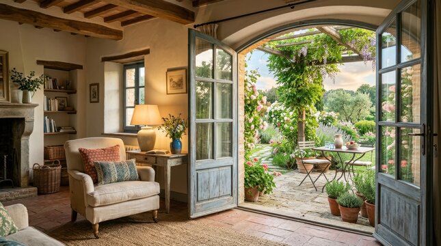 Cozy living room opens to a blooming garden patio with a table and chairs