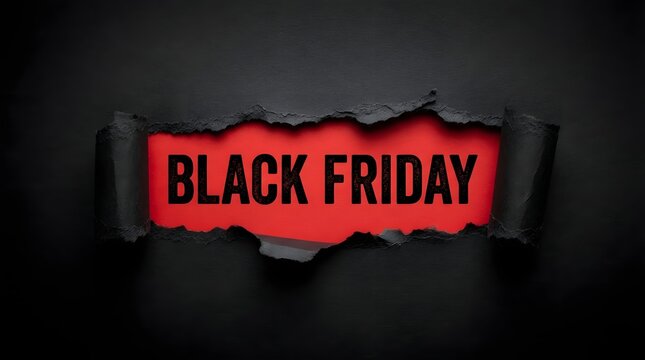 A bold black friday promotional sign featuring a vibrant red rectangular banner torn through a dark textured black wall background for retail marketing sales events