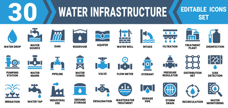 Set of 30 water infrastructure and supply system icons representing water treatment filtration and pipeline distribution Editable Solid Fill Vector Icon Pack
