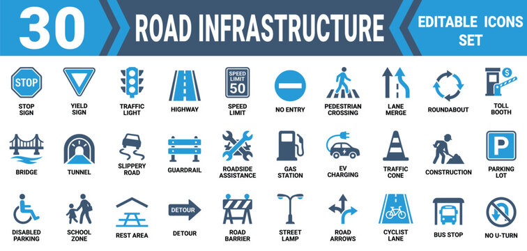 Set of 30 editable road infrastructure and traffic sign icon set for transportation and city navigation design projects Editable Solid Fill Vector Icon Pack