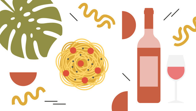 Abstract Pasta and Wine Vector Illustration Set Featuring Spaghetti Plate Bottle Glass Monstera Leaf and Geometric Shapes for Italian Restaurant Menu Designs