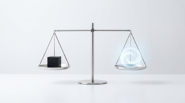 Minimalist concept of a silver scale balancing a black carbon cube and glowing clean air, net zero and ESG metaphor