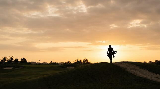Golfer silhouette walking on course at sunset evening sky