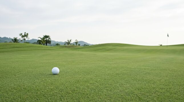 Professional Golf Ball Resting on Lush Green Fairway With Flag