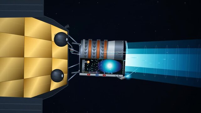 3D animation of a deep space probe utilizing an ion thruster engine featuring technical schematics and text overlays explaining magnetic trapping electrostatic acceleration and space charge