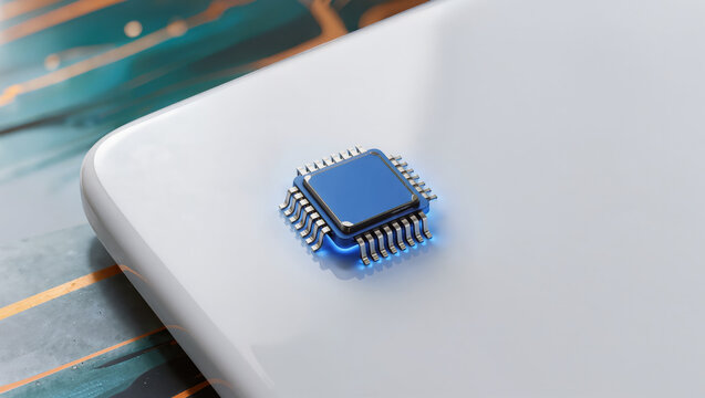 Healthcare innovation microchip on white device surface