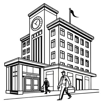Classic city hall building with clock tower and architectural facade showing pedestrians walking on sidewalk black line art.