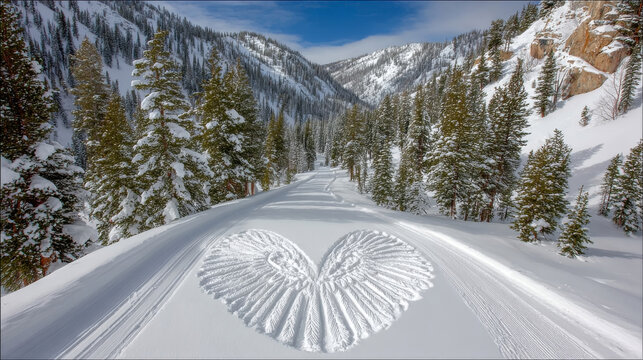 A snow angel shape is etched into the fresh snow of a scenic mountain trail surrounded by snowy pine trees and peaks.