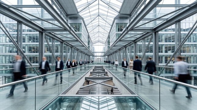 Business professionals walk through glass skywalk bridge in modern architecture office for meeting.