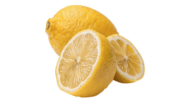 Whole lemon with fresh cut half piece isolated on transparent background.