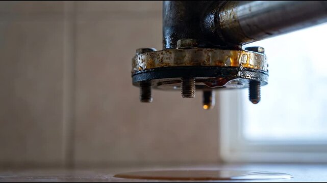 Caramel dripping from a stained stainless steel pipe flange in close-up with sticky forged metal surface