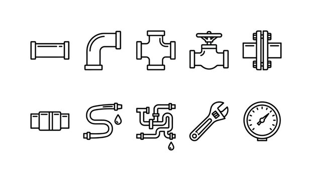 Industrial Pipe Connections, line icon set featuring straight metal pipe, elbow pipe, T-joint, valve, flange, coupling, water tube, factory pipeline, wrench and pressure gauge, covering plumbing,