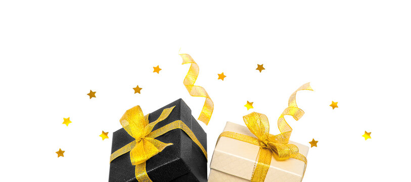 Black and gold gift boxes isolated on transparent background with copy space for Black Friday sale discounts promotions shopping and holiday advertising banner design
