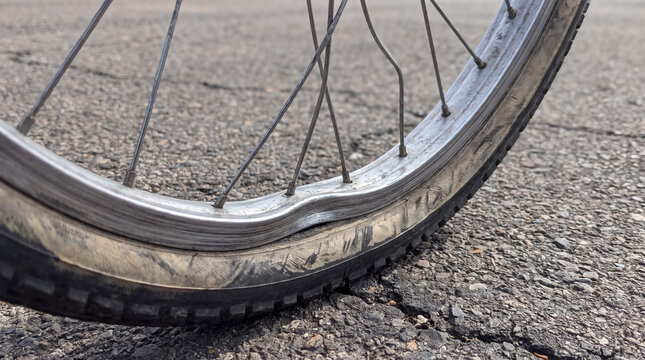 Bicycle wheel with damaged rim and flat tire, showing mechanical failure and breakdown on cracked asphalt