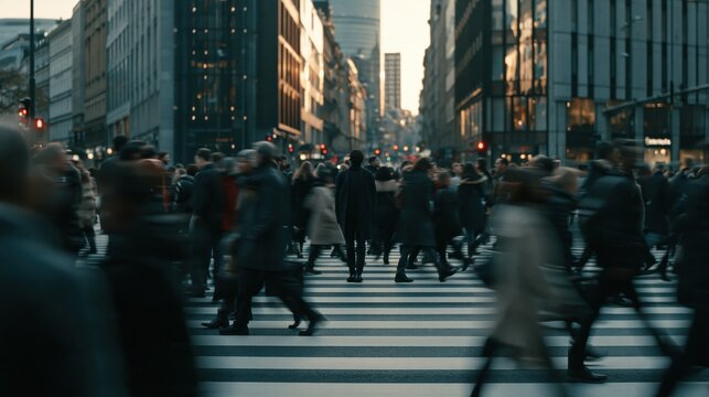 Blurred crowd of people walking across a city crosswalk at sunset