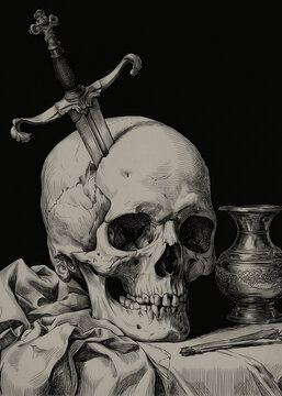 Human Skull Pierced by Dagger Sword Still Life