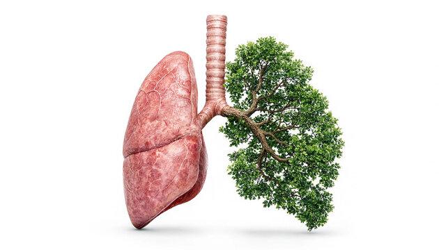 Human lung with tree growing from bronchial tube symbolizing respiratory health and environmental sustainability concept