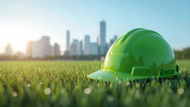 Bright green construction safety helmet resting on grass with a modern city skyline in the background