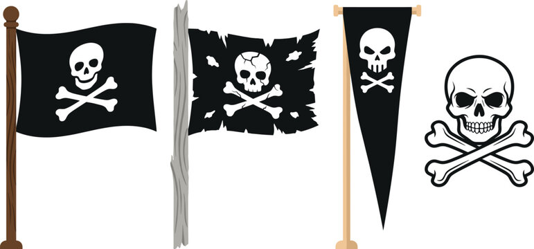 Pirate Flag and Jolly Roger Skull Crossbones Vector Illustration Set Featuring Waving Torn Tattered Pennant Banners on Wooden Poles for Adventure Graphic Designs
