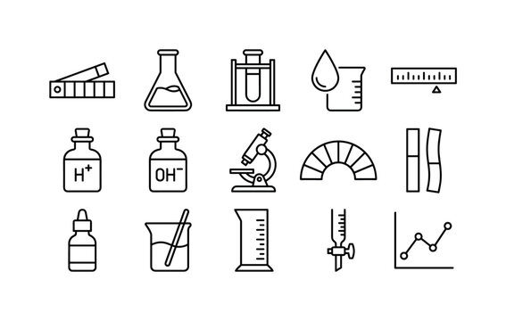 pH Chemistry Testing, line icon set featuring pH strip, laboratory flask, test tube, droplet, scale bar without numbers, acid bottle, alkaline bottle, microscope, covering pH scale, acidic alkaline