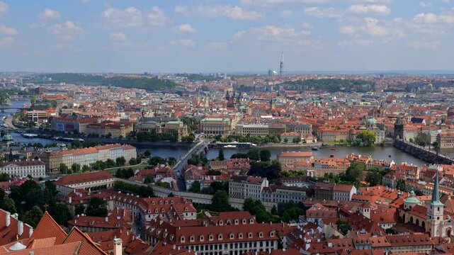 City of Prague from above, capital of Czech Republic. Cityscape with Lesser Town, Old Town and Charles Bridge, panning to the right.