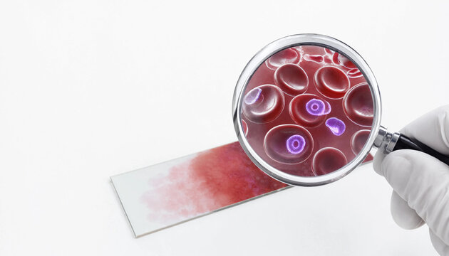 Scientist examining blood cells under magnifying glass on microscope slide with malaria parasites visible