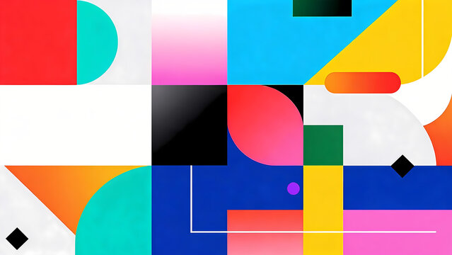 Modern abstract geometric composition with colorful shapes and visual rhythm on white background