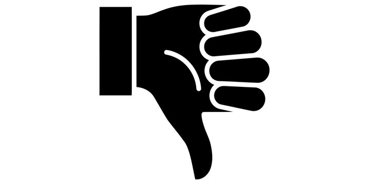 Black thumbs down icon silhouette shows negative feedback and dislike.