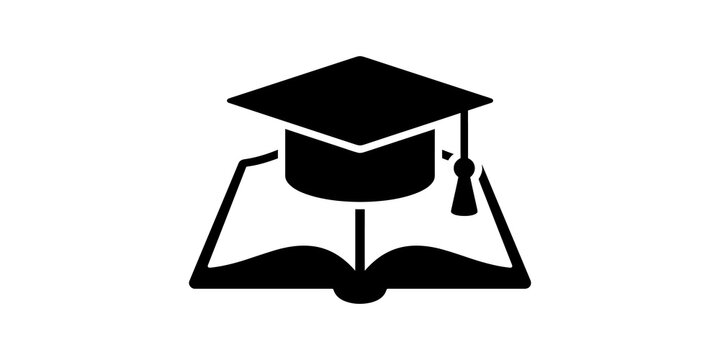 Graduation cap on open book representing academic achievement study icons.