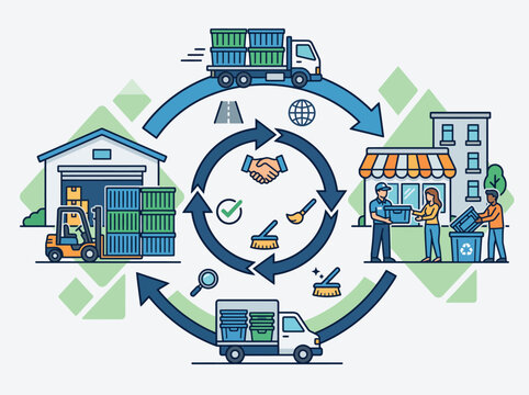 Flat vector diagram illustrating a circular reverse logistics network with reusable totes, delivery trucks, cleaning, and reuse.