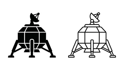 Lunar Lander Icons: Two iconic representations of a spacecraft designed for landing on the moon, showcasing both solid silhouette and outline versions for versatile design applications. © AbuHafs
