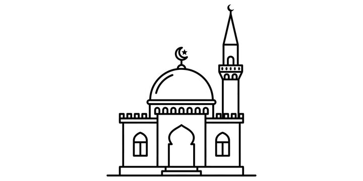 Black line art mosque illustration with crescent moon on dome top.