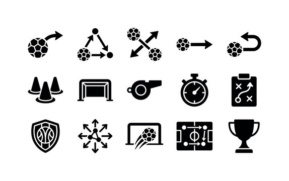 Team Ball Passing, solid glyph icon set featuring sports ball, passing arrows, goal marker, training cones, tactic board, whistle, stopwatch, team badge, covering ball passing, team play, sports