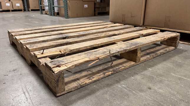 Broken wood pallet with visible nails showing wear and tear, representing logistic issues, damage, and discarded materials