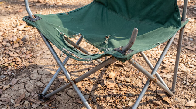 Abandoned broken green camping chair with torn fabric and rusty metal frame on dry cracked earth outdoors