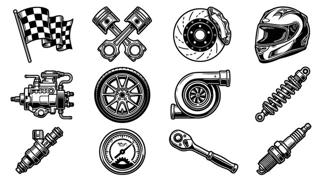 Black and White Line Art Automotive Icons: Racing Flag, Pistons, Brakes, Helmet, Turbo