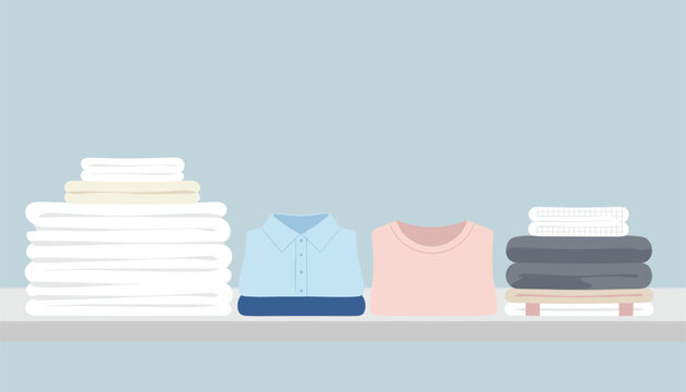 Organized shelf displays neatly folded piles of white linens, a blue button-down shirt, pink t-shirt, and dark grey sweaters.