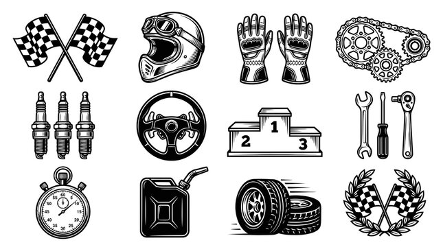 Black and White Vector Icons of Racing Equipment and Symbols