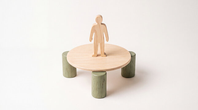 Wooden human figure standing on round table with green legs symbolizing leadership or individual focus concept