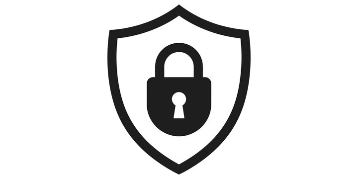 Black shield icon with padlock element for cyber security protection.