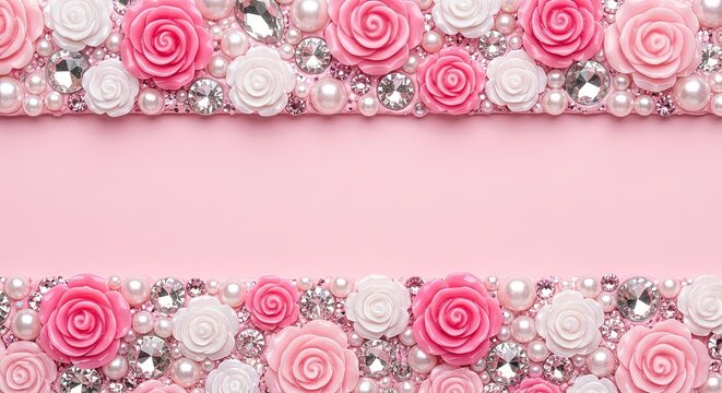 Luxury pastel pink aesthetic frame with 3D pearls, gold stars, roses and gems, romantic background with copy space