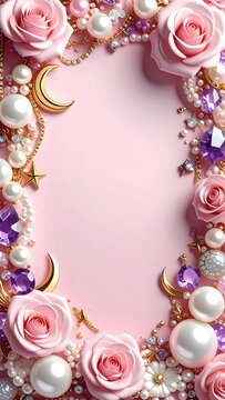Luxury pastel pink aesthetic frame with 3D pearls, gold stars, roses and gems, romantic background with copy space