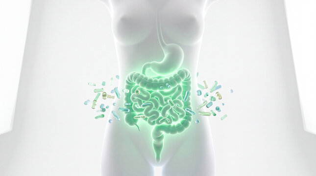 Human digestive system with probiotic capsules surrounding intestines concept for gut health and microbiome balance