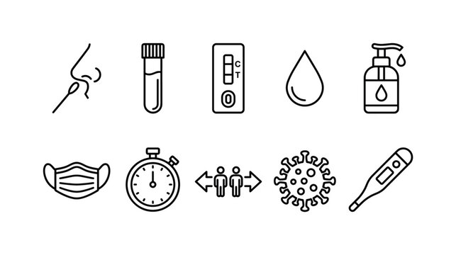 Covid Testing Medical Symbols, line icon set featuring nasal swab, test tube, rapid test cassette, blood drop, sanitizer bottle, face mask, timer, distance arrows, virus symbol, thermometer, covering