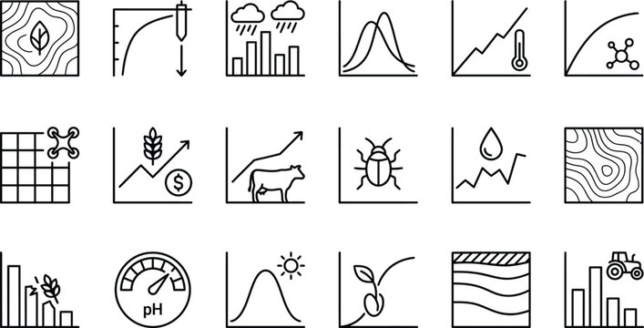 Smart agriculture and smart farming technology icons set featuring data analytics charts infographics drone soil ph weather crop yield and livestock metrics