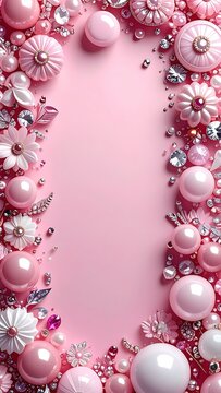 Luxury pastel pink aesthetic frame with 3D pearls, gold stars, roses and gems, romantic background with copy space