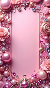 Luxury pastel pink aesthetic frame with 3D pearls, gold stars, roses and gems, romantic background with copy space